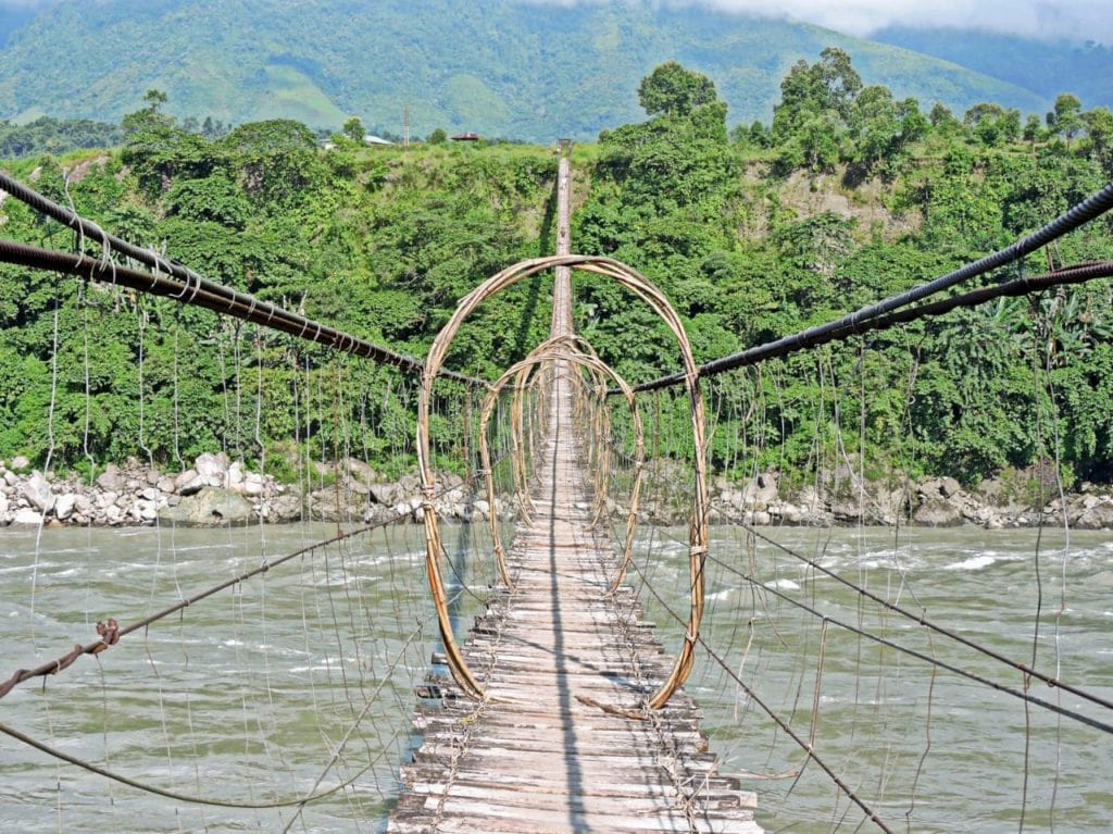 Crossing the Siang river on a walking bridge